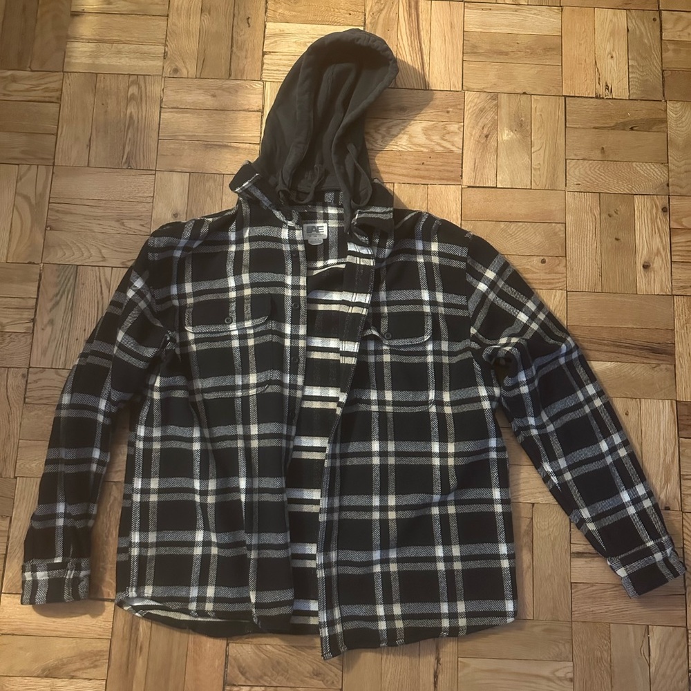 American Eagle Men's Black and Gray Plaid Jacket